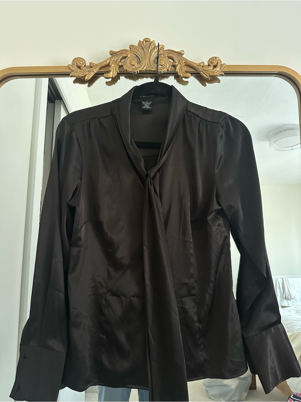 Classic Black Satin Tie-Neck Shirt